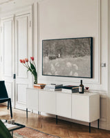 Summer Farm II BW by Sue Schlabach. shown as a framed stretched canvas in a living room above a console. Available as a archival giclee rolled canvas, fine art paper, or poster print. SKU 79104i.