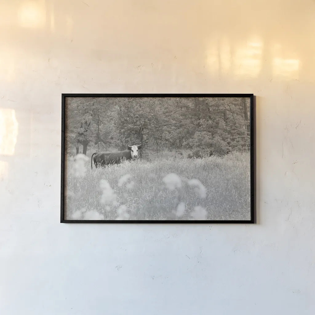 Summer Farm II BW by Sue Schlabach. shown as a paper print in a black flame. Available as a archival giclee rolled canvas, fine art paper, or poster print. SKU 79104i.