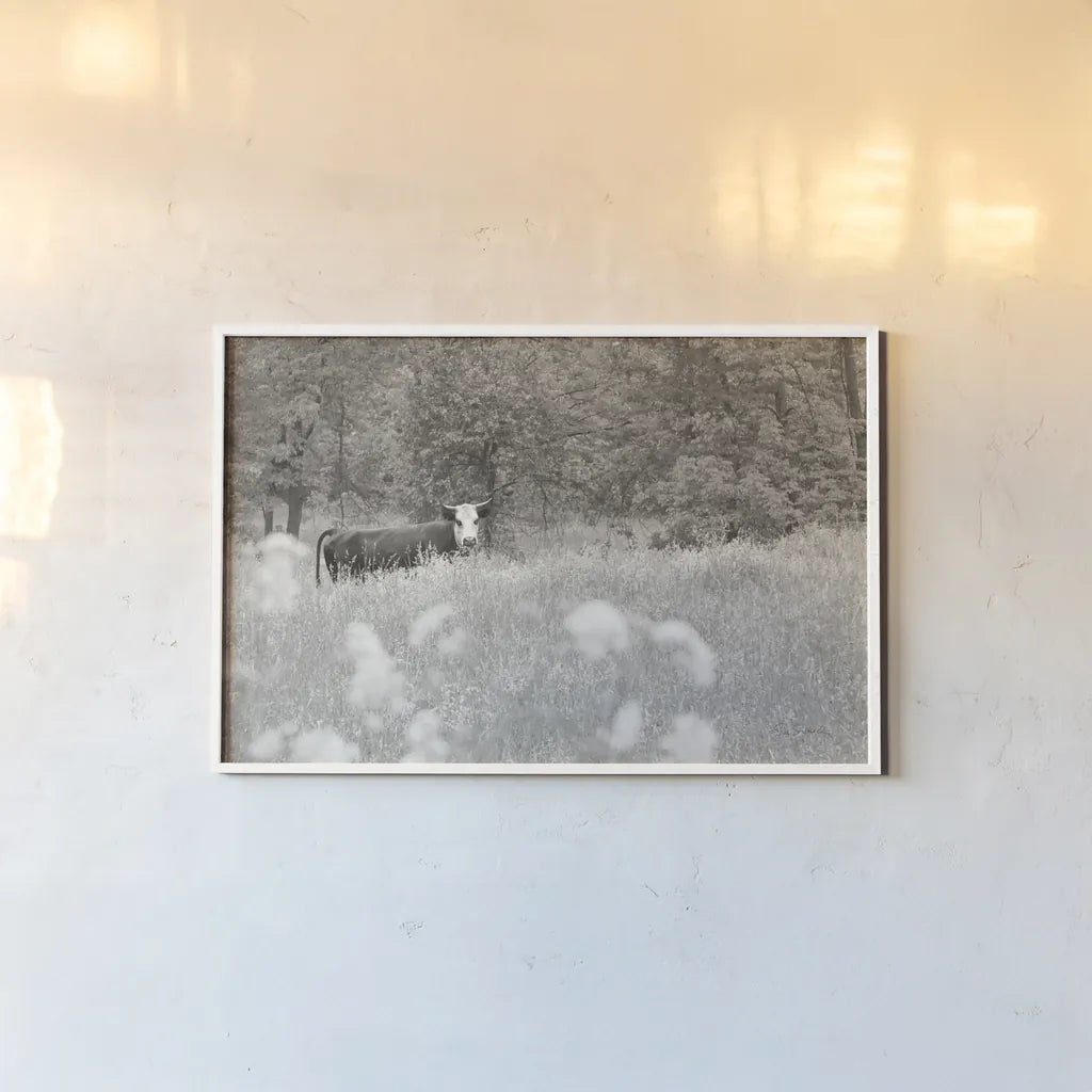 Summer Farm II BW by Sue Schlabach. shown as a paper print in a white frame. Available as a archival giclee rolled canvas, fine art paper, or poster print. SKU 79104i.