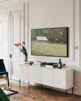 Summer Farm III by Sue Schlabach. shown as a framed stretched canvas in a living room above a console. Available as a archival giclee rolled canvas, fine art paper, or poster print. SKU 79102i.