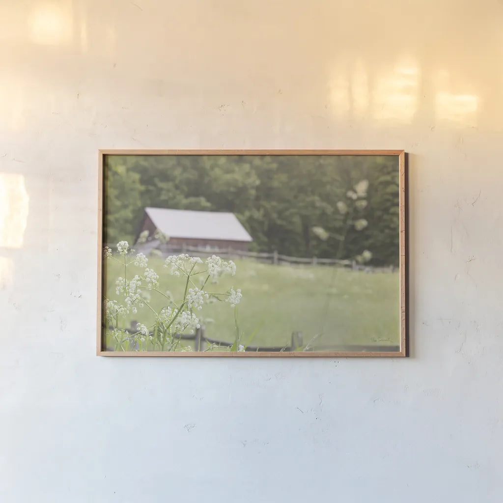 Summer Farm III by Sue Schlabach. shown as a paper print in a natural frame. Available as a archival giclee rolled canvas, fine art paper, or poster print. SKU 79102i.