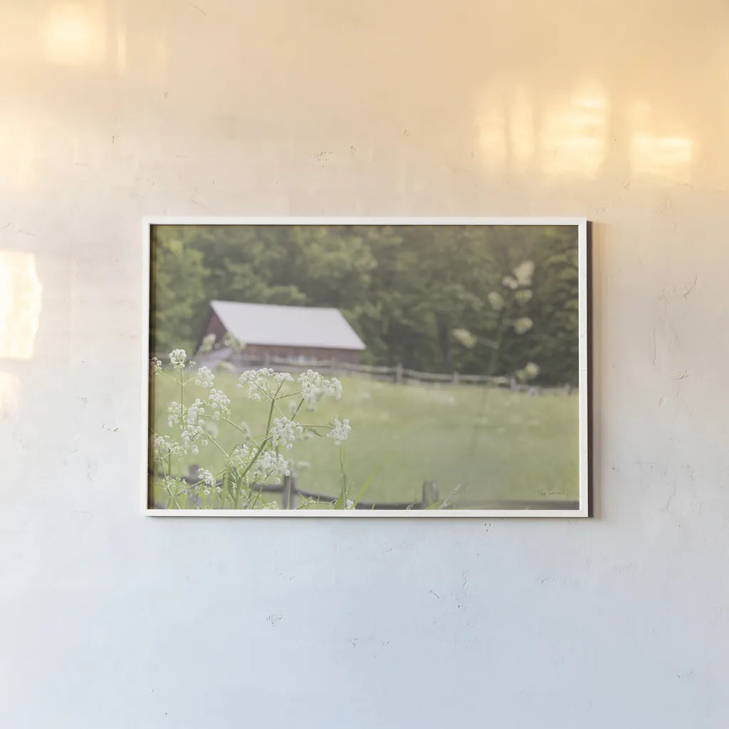 Summer Farm III by Sue Schlabach. shown as a paper print in a white frame. Available as a archival giclee rolled canvas, fine art paper, or poster print. SKU 79102i.