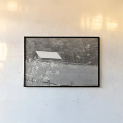 Summer Farm III BW by Sue Schlabach. shown as a paper print in a black flame. Available as a archival giclee rolled canvas, fine art paper, or poster print. SKU 79105i.