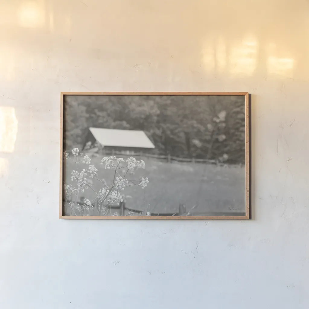 Summer Farm III BW by Sue Schlabach. shown as a paper print in a natural frame. Available as a archival giclee rolled canvas, fine art paper, or poster print. SKU 79105i.