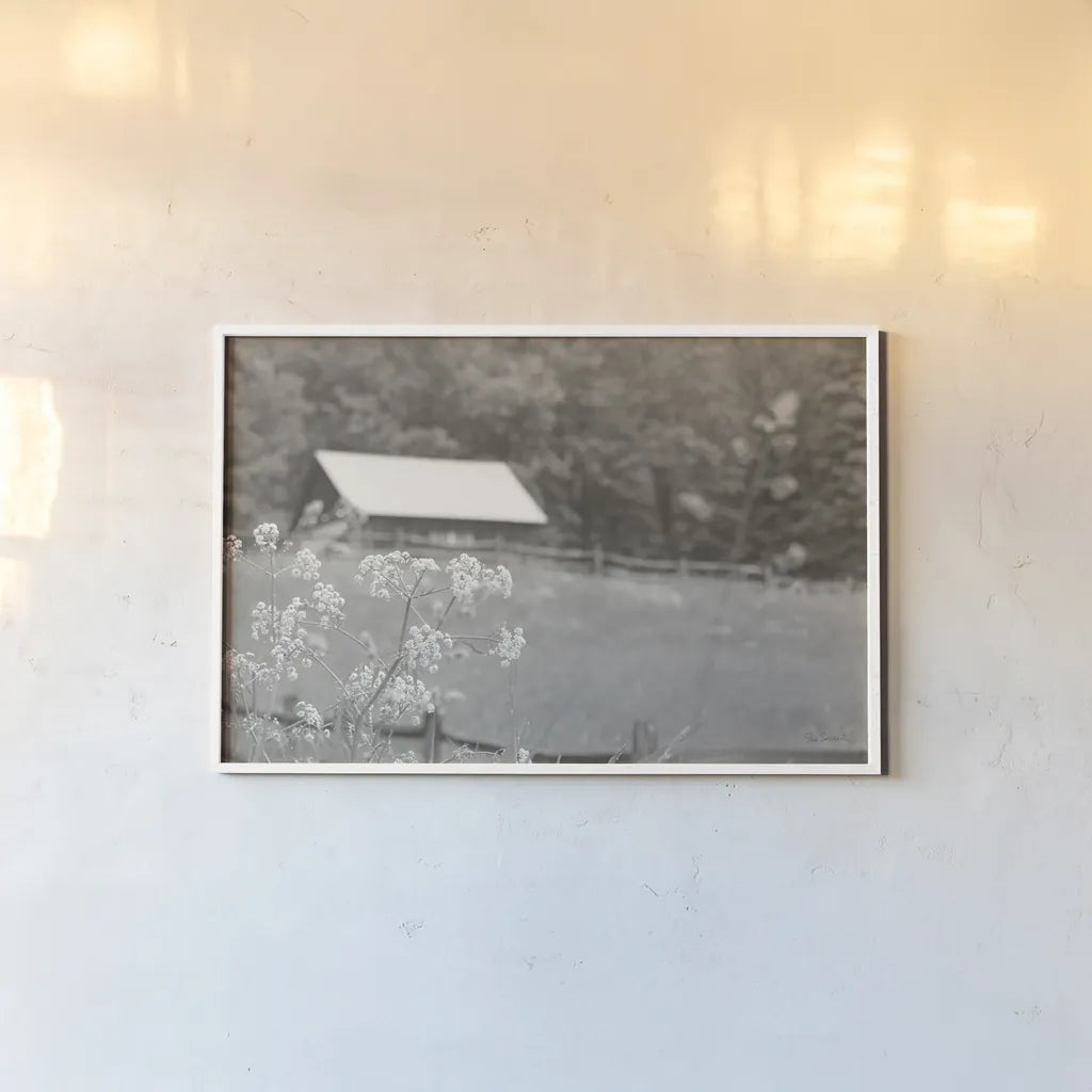 Summer Farm III BW by Sue Schlabach. shown as a paper print in a white frame. Available as a archival giclee rolled canvas, fine art paper, or poster print. SKU 79105i.