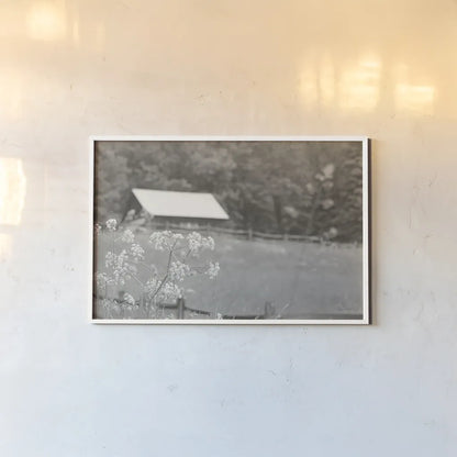 Summer Farm III BW by Sue Schlabach. shown as a paper print in a white frame. Available as a archival giclee rolled canvas, fine art paper, or poster print. SKU 79105i.
