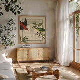 Summer Pages I by Sue Schlabach. Shown in a natural wood frame in a cozy modern living room. Available as an archival giclee rolled canvas, fine art paper, or poster print. SKU 5902a.