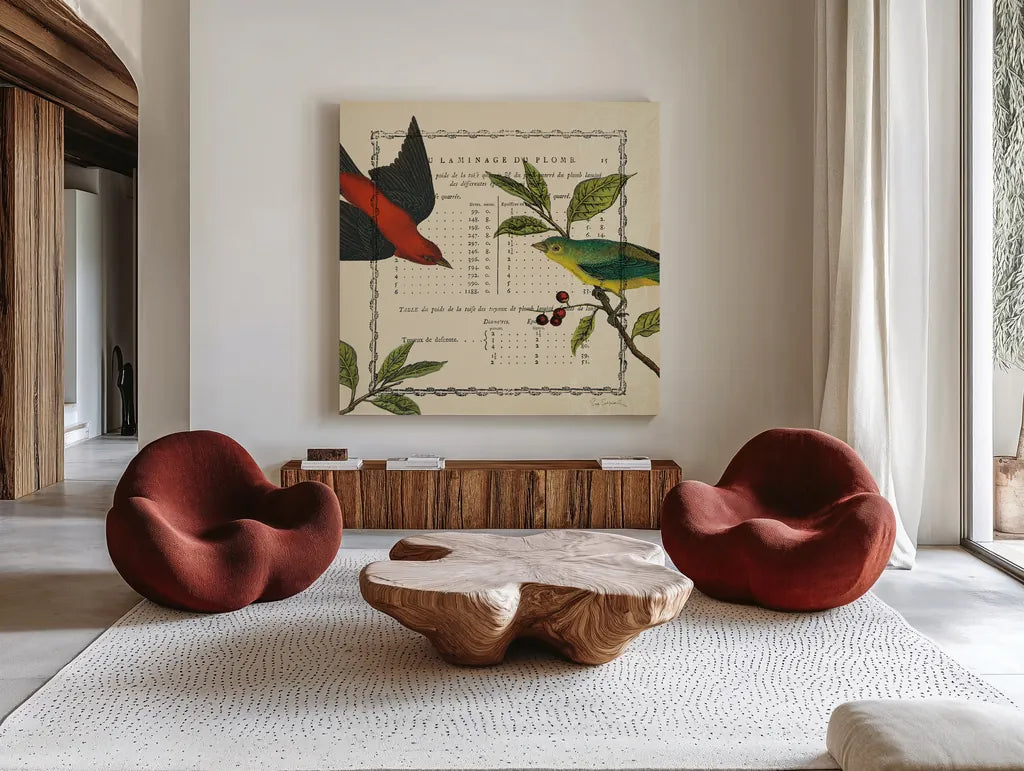 Summer Pages I by Sue Schlabach. Shown as extra-large giant wall art in a modern living room. Available as an archival giclee rolled canvas, fine art paper, or poster print. SKU 5902a.