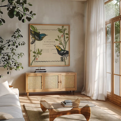 Summer Pages II by Sue Schlabach. Shown in a natural wood frame in a cozy modern living room. Available as an archival giclee rolled canvas, fine art paper, or poster print. SKU 5903a.