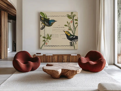 Summer Pages II by Sue Schlabach. Shown as extra-large giant wall art in a modern living room. Available as an archival giclee rolled canvas, fine art paper, or poster print. SKU 5903a.