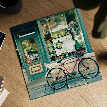 Sunday Morning Bike by Sue Schlabach. Shown as a detailed flat fine art print, highlighting archival giclee quality. Available as an archival giclee rolled canvas, fine art paper, or poster print. SKU 15412a.
