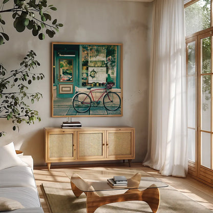 Sunday Morning Bike by Sue Schlabach. Shown in a natural wood frame in a cozy modern living room. Available as an archival giclee rolled canvas, fine art paper, or poster print. SKU 15412a.