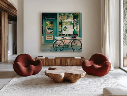 Sunday Morning Bike by Sue Schlabach. Shown as extra-large giant wall art in a modern living room. Available as an archival giclee rolled canvas, fine art paper, or poster print. SKU 15412a.