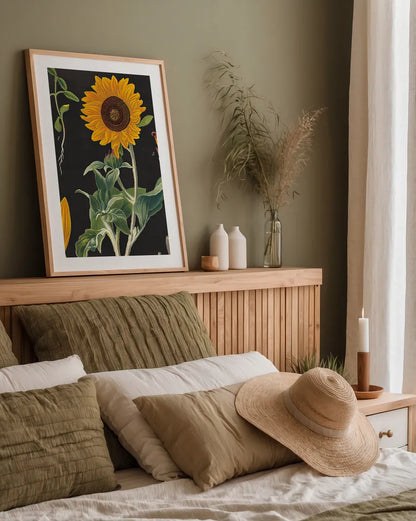 Sunflower Chart by Sue Schlabach. shown as a paper print in a natural frame. Available as a archival giclee rolled canvas, fine art paper, or poster print. SKU 34923h.
