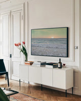 Sunrise by Sue Schlabach. shown as a framed stretched canvas in a living room above a console. Available as a archival giclee rolled canvas, fine art paper, or poster print. SKU 18851i.
