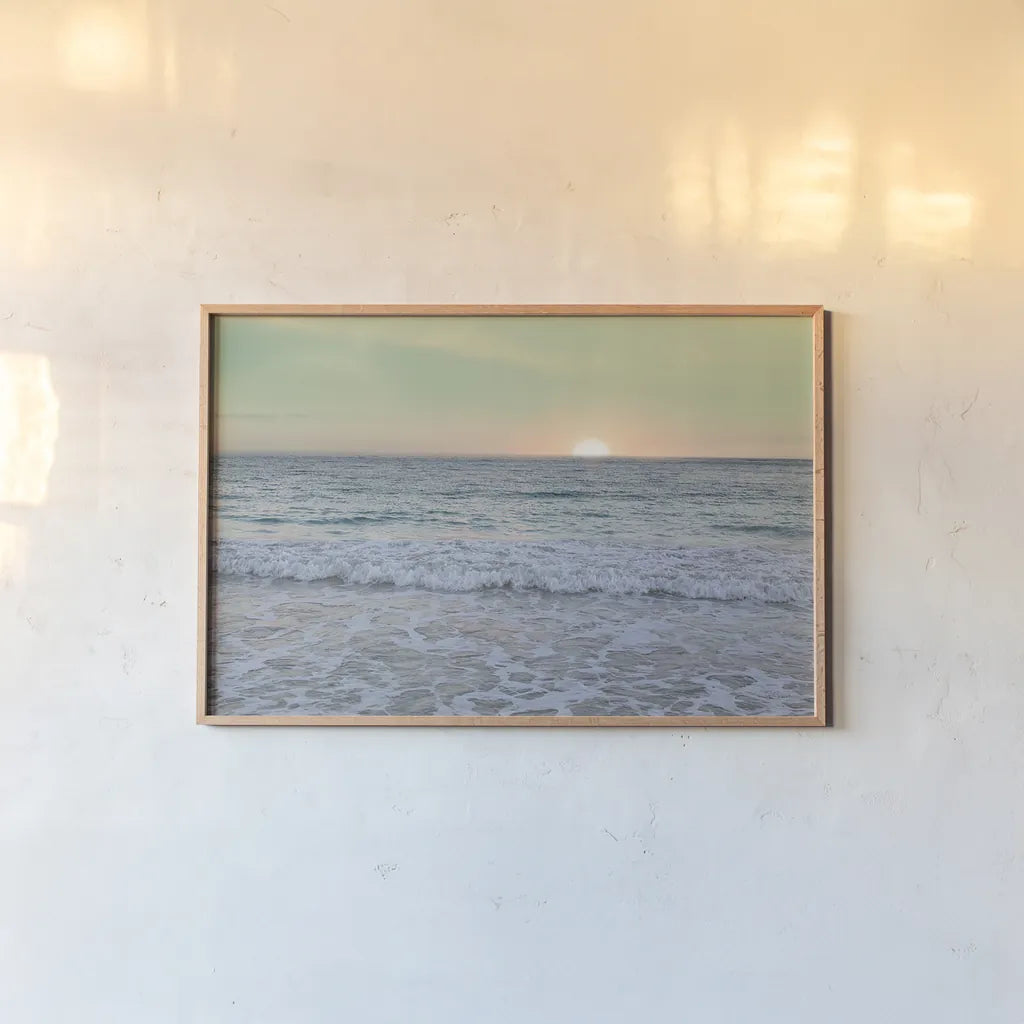 Sunrise by Sue Schlabach. shown as a paper print in a natural frame. Available as a archival giclee rolled canvas, fine art paper, or poster print. SKU 18851i.