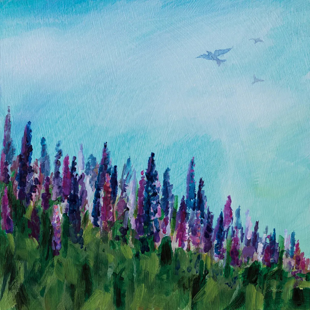 Swallows and Lupines by Sue Schlabach. SKU 87736a. Archival Giclee Fine art print for wall decor.