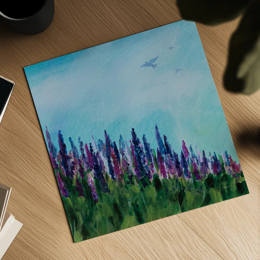 Swallows and Lupines by Sue Schlabach. Shown as a detailed flat fine art print, highlighting archival giclee quality. Available as an archival giclee rolled canvas, fine art paper, or poster print. SKU 87736a.