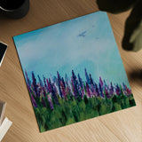 Swallows and Lupines by Sue Schlabach. Shown as a detailed flat fine art print, highlighting archival giclee quality. Available as an archival giclee rolled canvas, fine art paper, or poster print. SKU 87736a.