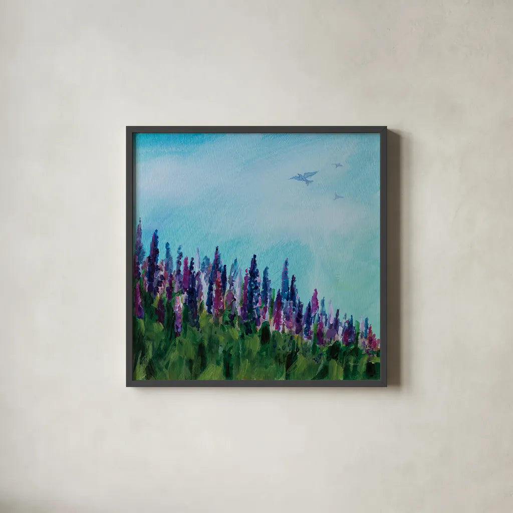 Swallows and Lupines by Sue Schlabach. Shown in a sleek black glass frame for a contemporary gallery look. Available as an archival giclee rolled canvas, fine art paper, or poster print. SKU 87736a.