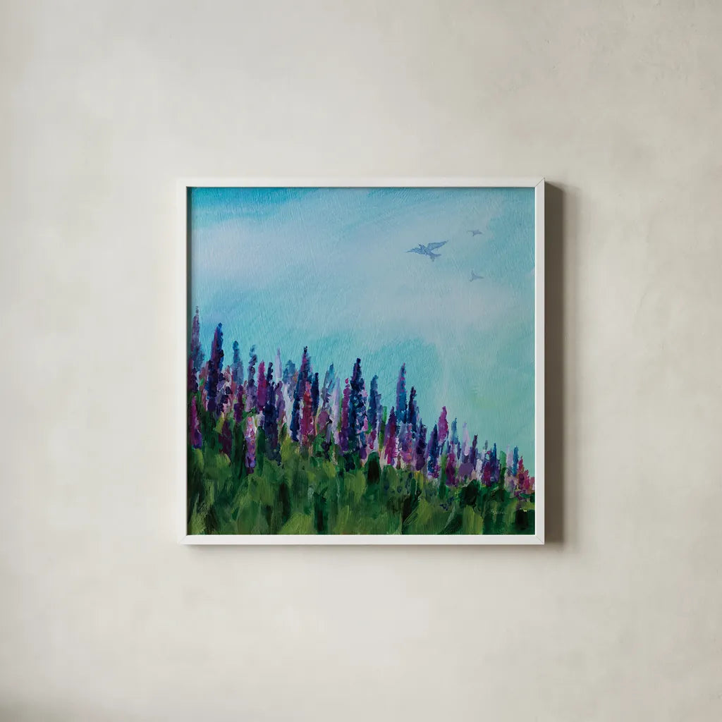 Swallows and Lupines by Sue Schlabach. Shown in a crisp white glass frame for a clean and minimalist style. Available as an archival giclee rolled canvas, fine art paper, or poster print. SKU 87736a.