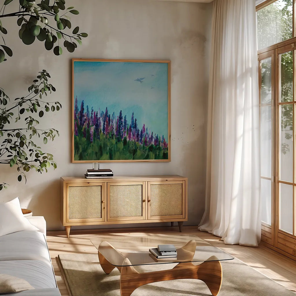 Swallows and Lupines by Sue Schlabach. Shown in a natural wood frame in a cozy modern living room. Available as an archival giclee rolled canvas, fine art paper, or poster print. SKU 87736a.