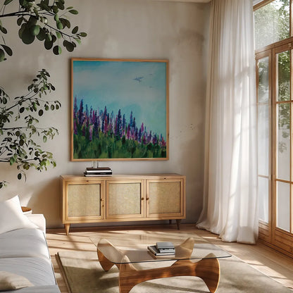 Swallows and Lupines by Sue Schlabach. Shown in a natural wood frame in a cozy modern living room. Available as an archival giclee rolled canvas, fine art paper, or poster print. SKU 87736a.