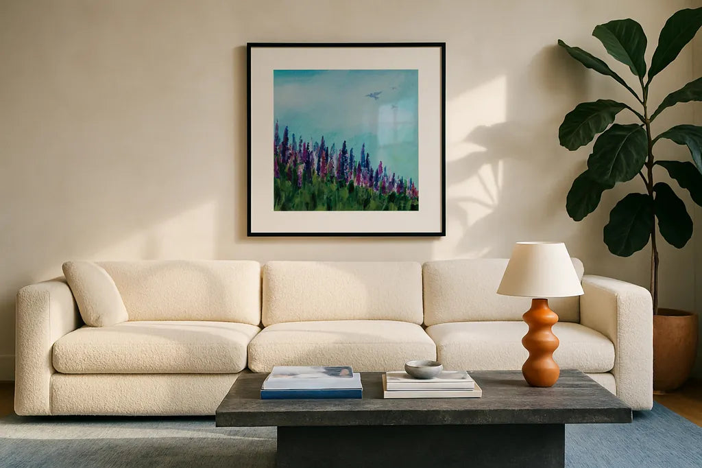 Swallows and Lupines by Sue Schlabach. Displayed in a glass frame with matte in a clean modern living room. Available as an archival giclee rolled canvas, fine art paper, or poster print. SKU 87736a.