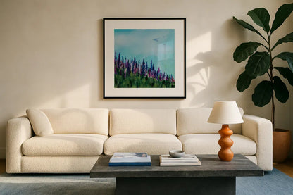 Swallows and Lupines by Sue Schlabach. Displayed in a glass frame with matte in a clean modern living room. Available as an archival giclee rolled canvas, fine art paper, or poster print. SKU 87736a.