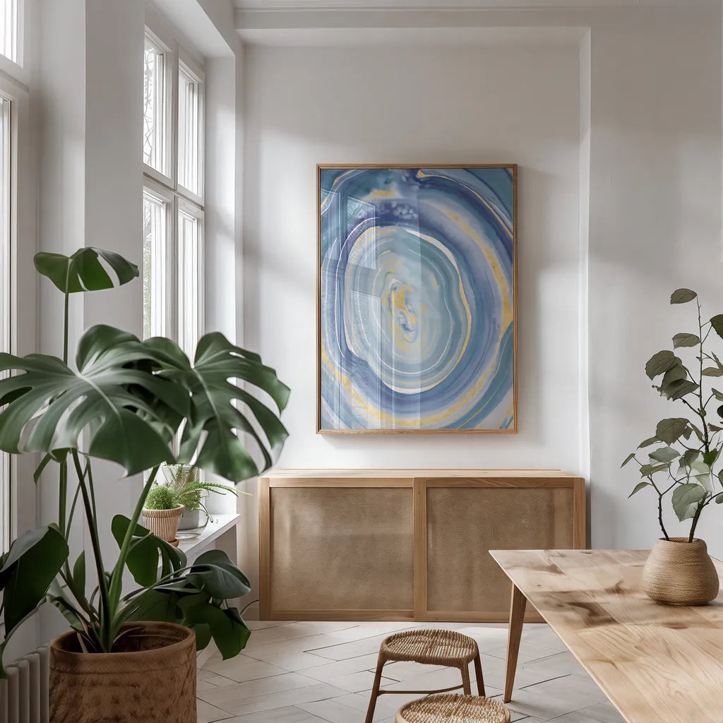Terrain Gilded II Navy by Sue Schlabach. shown as a print in a natural wood frame in a dining room. Available as a archival giclee rolled canvas, fine art paper, or poster print. SKU 69196h.