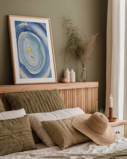 Terrain Gilded II Navy by Sue Schlabach. shown as a paper print in a natural frame. Available as a archival giclee rolled canvas, fine art paper, or poster print. SKU 69196h.