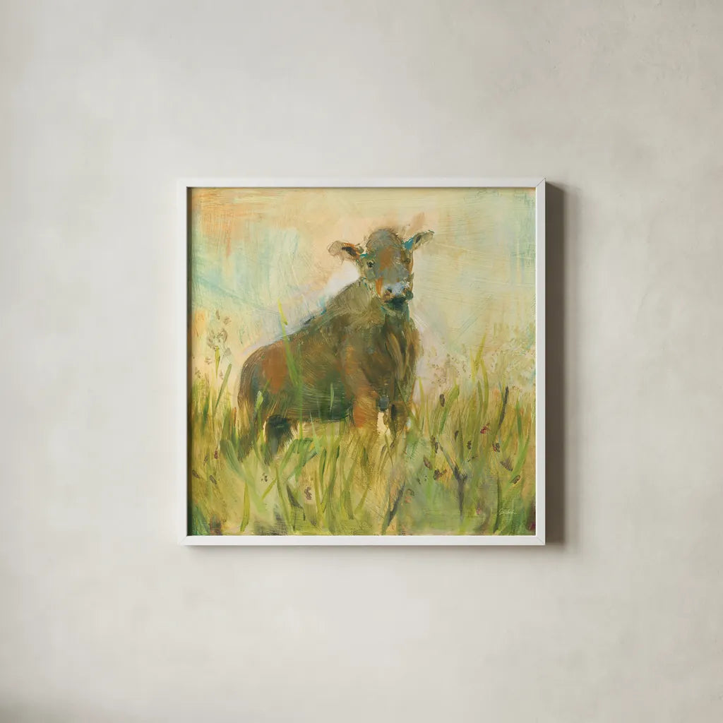 The Grazer by Sue Schlabach. Shown in a crisp white glass frame for a clean and minimalist style. Available as an archival giclee rolled canvas, fine art paper, or poster print. SKU 38106a.