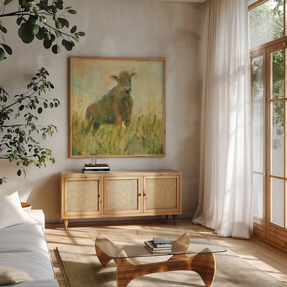 The Grazer by Sue Schlabach. Shown in a natural wood frame in a cozy modern living room. Available as an archival giclee rolled canvas, fine art paper, or poster print. SKU 38106a.