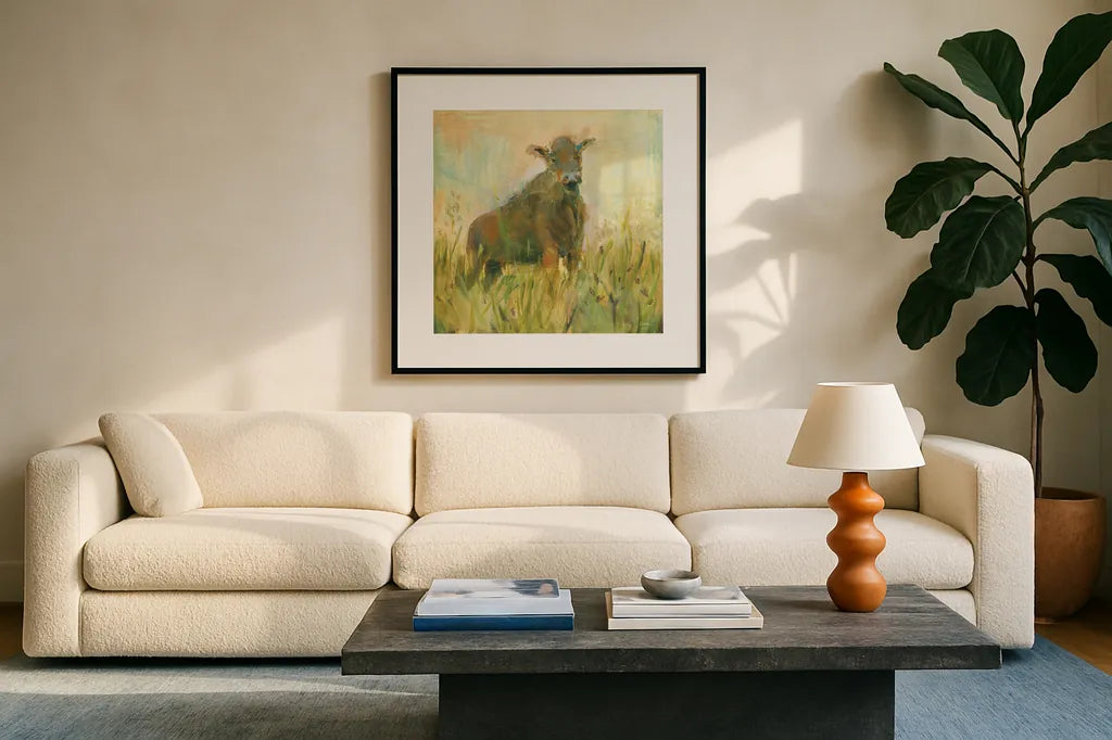 The Grazer by Sue Schlabach. Displayed in a glass frame with matte in a clean modern living room. Available as an archival giclee rolled canvas, fine art paper, or poster print. SKU 38106a.
