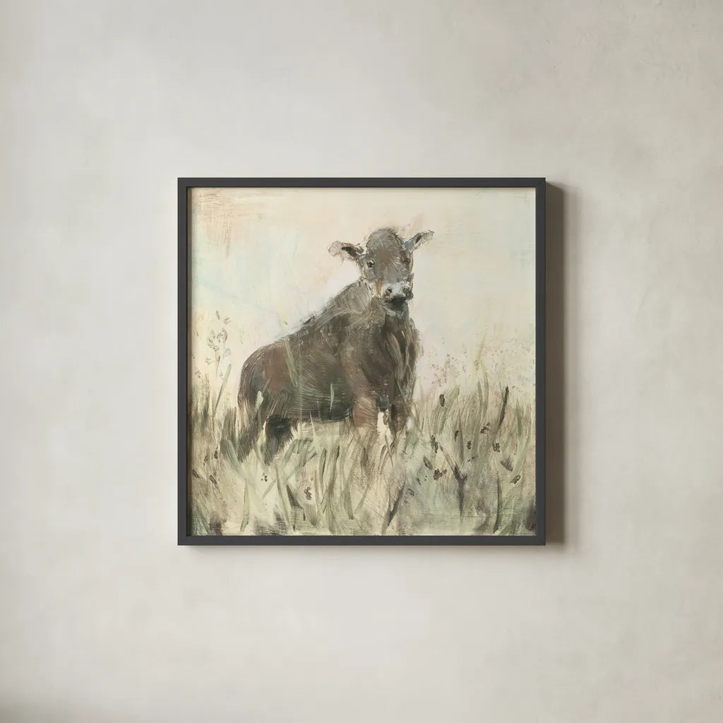 The Grazer Neutral by Sue Schlabach. Shown in a sleek black glass frame for a contemporary gallery look. Available as an archival giclee rolled canvas, fine art paper, or poster print. SKU 39334a.