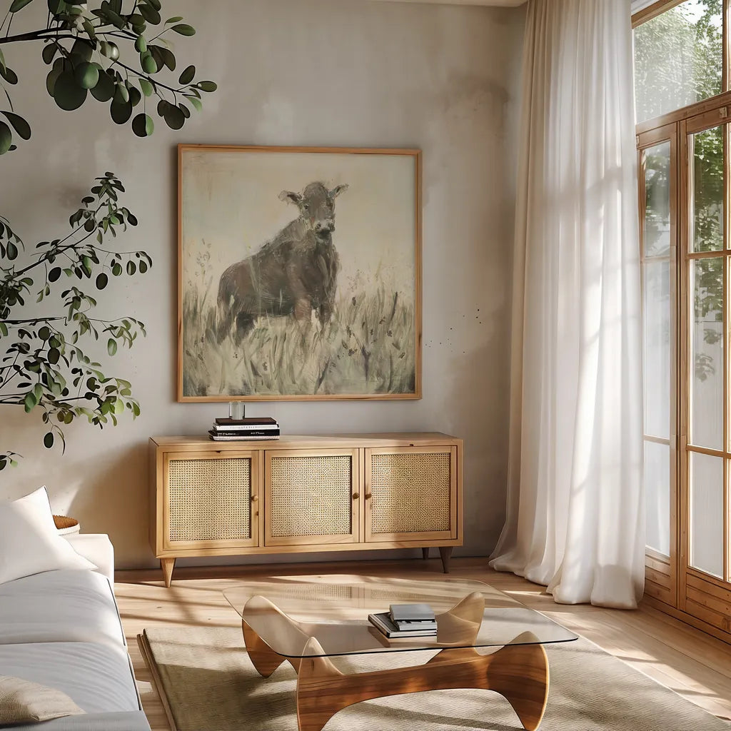 The Grazer Neutral by Sue Schlabach. Shown in a natural wood frame in a cozy modern living room. Available as an archival giclee rolled canvas, fine art paper, or poster print. SKU 39334a.
