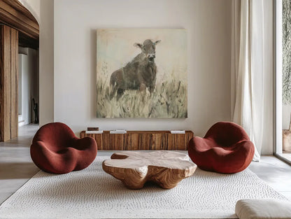The Grazer Neutral by Sue Schlabach. Shown as extra-large giant wall art in a modern living room. Available as an archival giclee rolled canvas, fine art paper, or poster print. SKU 39334a.