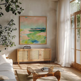 Tidewater by Sue Schlabach. Shown in a natural wood frame in a cozy modern living room. Available as an archival giclee rolled canvas, fine art paper, or poster print. SKU 54542a.