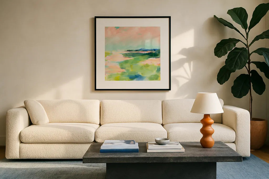 Tidewater by Sue Schlabach. Displayed in a glass frame with matte in a clean modern living room. Available as an archival giclee rolled canvas, fine art paper, or poster print. SKU 54542a.