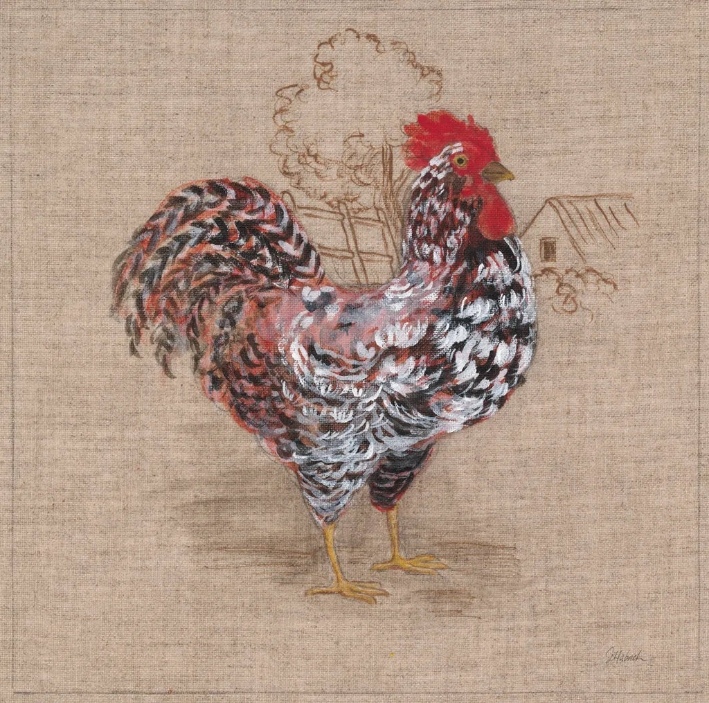 Toile Rooster I by Sue Schlabach. SKU 29651a. Archival Giclee Fine art print for wall decor.