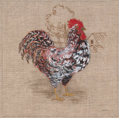 Toile Rooster I by Sue Schlabach. SKU 29651a. Archival Giclee Fine art print for wall decor.