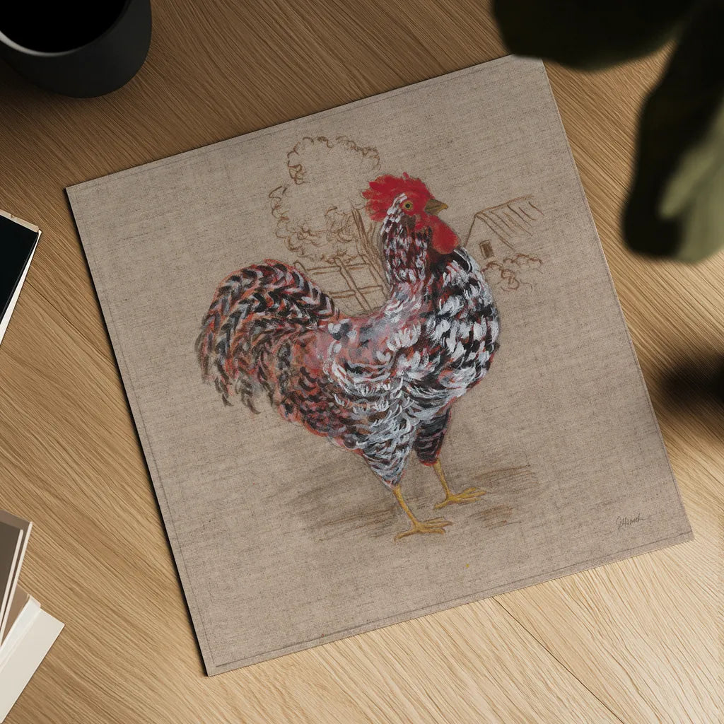 Toile Rooster I by Sue Schlabach. Shown as a detailed flat fine art print, highlighting archival giclee quality. Available as an archival giclee rolled canvas, fine art paper, or poster print. SKU 29651a.