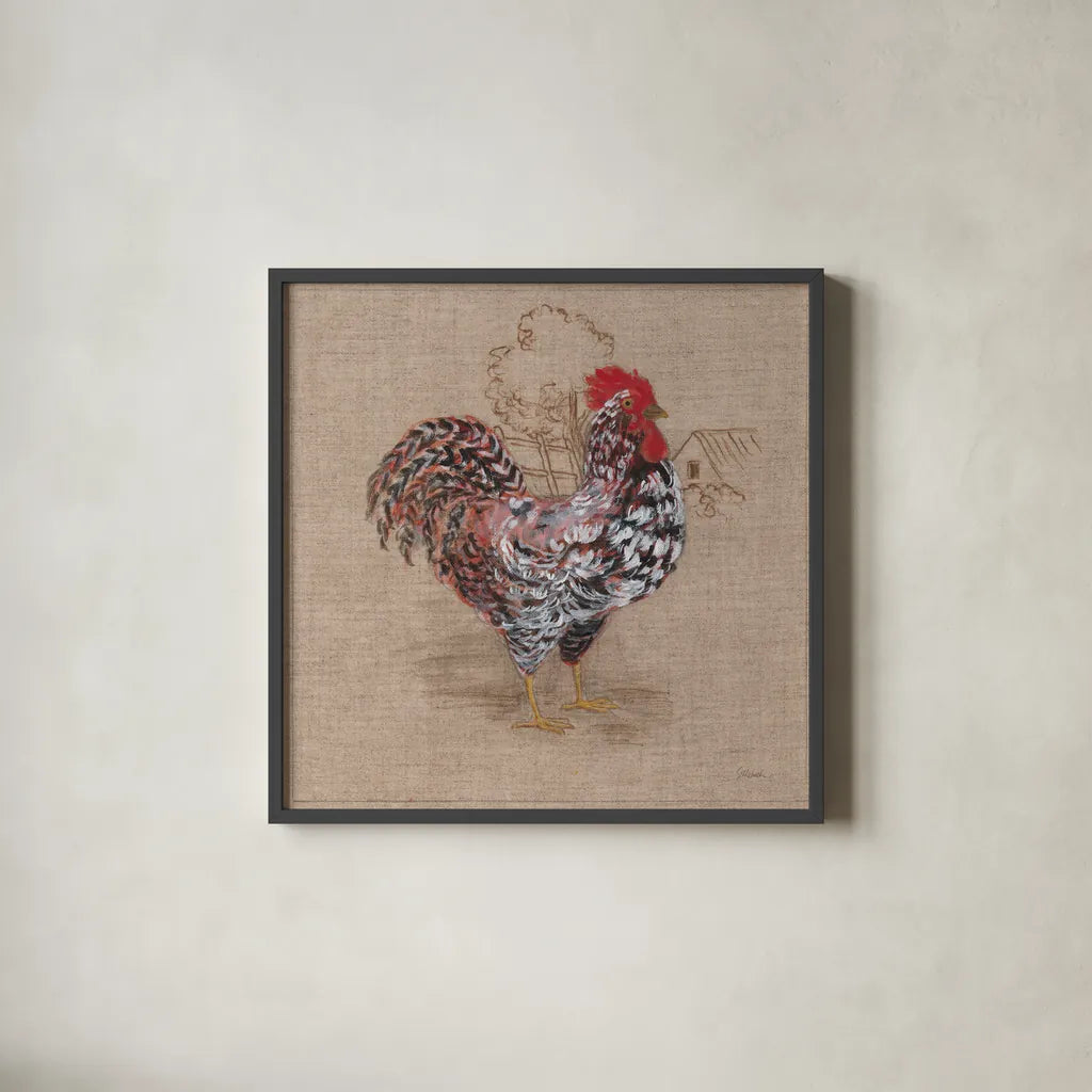Toile Rooster I by Sue Schlabach. Shown in a sleek black glass frame for a contemporary gallery look. Available as an archival giclee rolled canvas, fine art paper, or poster print. SKU 29651a.