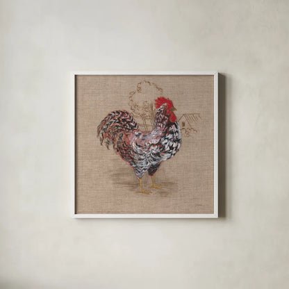 Toile Rooster I by Sue Schlabach. Shown in a crisp white glass frame for a clean and minimalist style. Available as an archival giclee rolled canvas, fine art paper, or poster print. SKU 29651a.