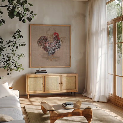 Toile Rooster I by Sue Schlabach. Shown in a natural wood frame in a cozy modern living room. Available as an archival giclee rolled canvas, fine art paper, or poster print. SKU 29651a.