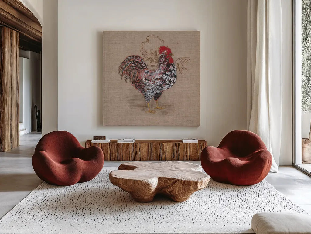 Toile Rooster I by Sue Schlabach. Shown as extra-large giant wall art in a modern living room. Available as an archival giclee rolled canvas, fine art paper, or poster print. SKU 29651a.
