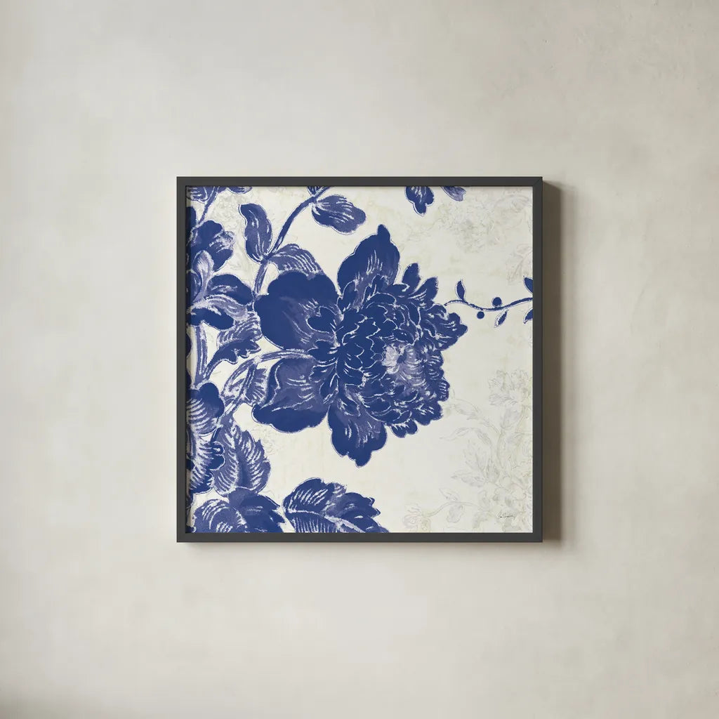 Toile Roses IV by Sue Schlabach. Shown in a sleek black glass frame for a contemporary gallery look. Available as an archival giclee rolled canvas, fine art paper, or poster print. SKU 31608a.