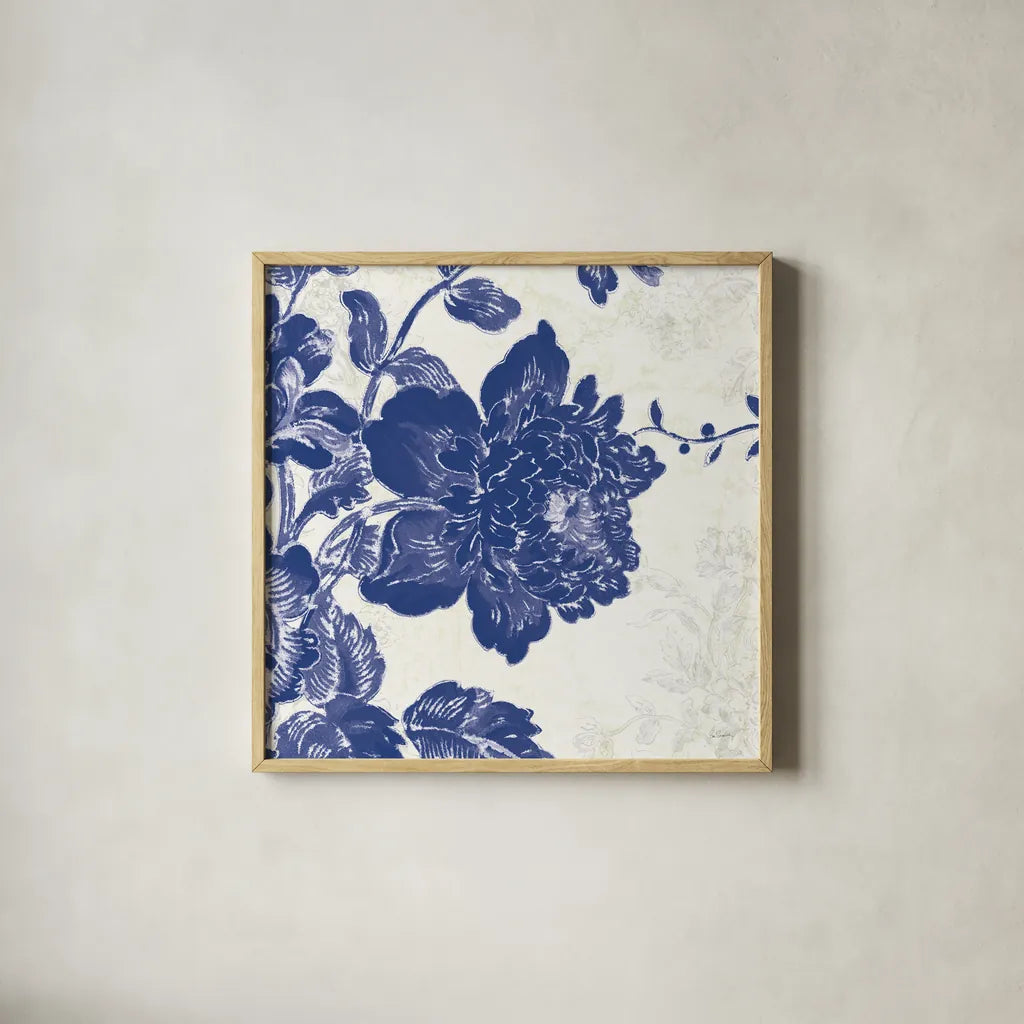 Toile Roses IV by Sue Schlabach. Shown in a natural wood glass frame for a timeless modern aesthetic. Available as an archival giclee rolled canvas, fine art paper, or poster print. SKU 31608a.