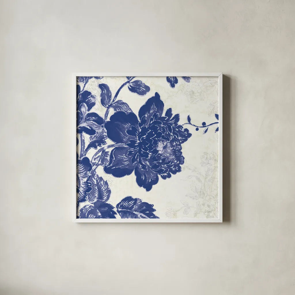 Toile Roses IV by Sue Schlabach. Shown in a crisp white glass frame for a clean and minimalist style. Available as an archival giclee rolled canvas, fine art paper, or poster print. SKU 31608a.