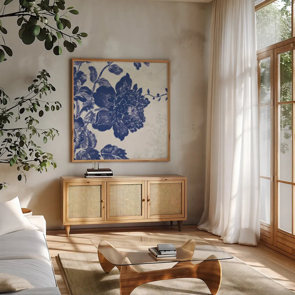 Toile Roses IV by Sue Schlabach. Shown in a natural wood frame in a cozy modern living room. Available as an archival giclee rolled canvas, fine art paper, or poster print. SKU 31608a.